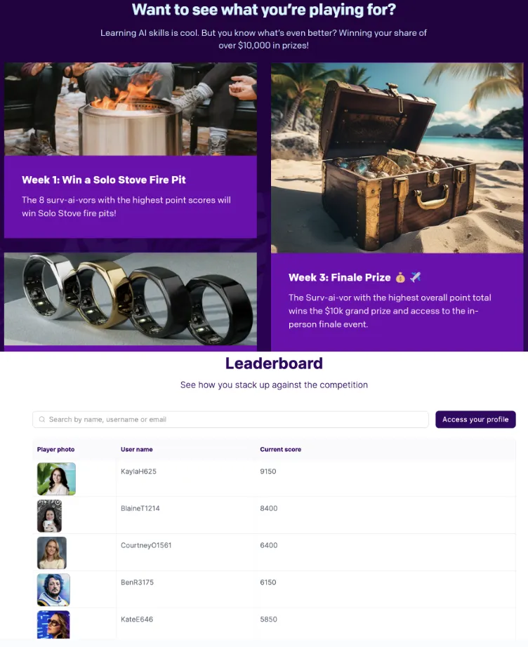 Surv-AI-vor campaign platform showing prizes and leaderboard