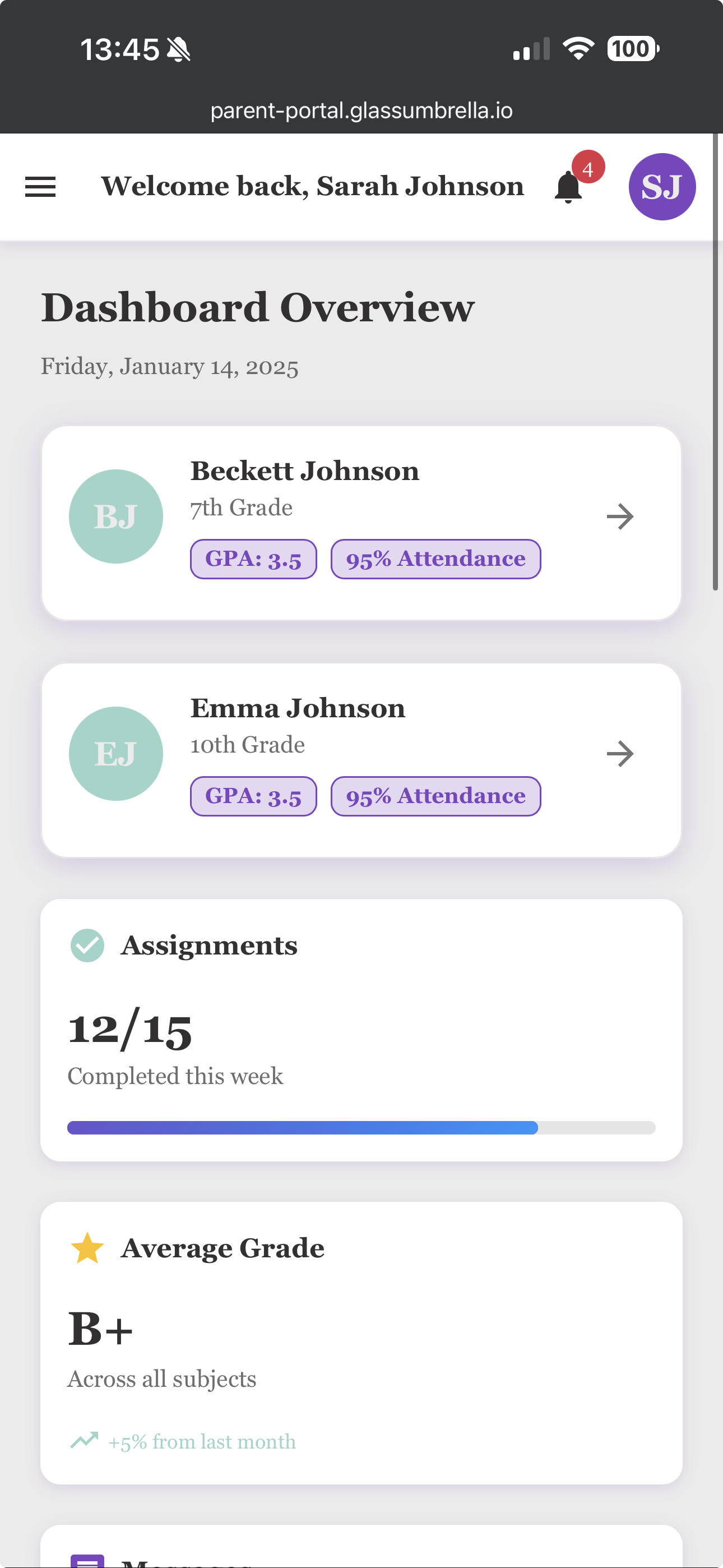 Parent Dashboard - Mobile View